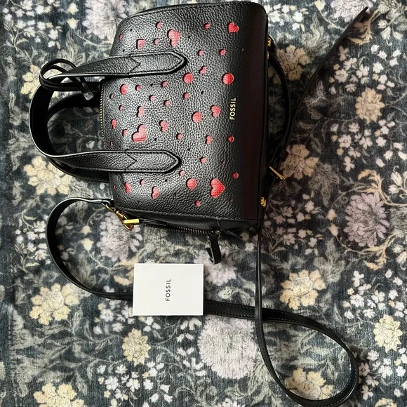 Fossil Black Mini Sydney satchel with Red Heart Accents - like new - Picture 3 of 4